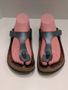 Birkenstock Women's 38/7 Gizeh Birko-Flor Metallic Gun Metal Gray Sandals Thong